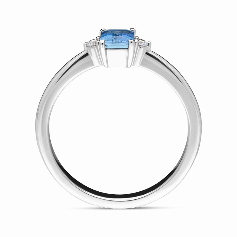 18ct White Gold Aquamarine Diamond Emerald Cut Three Stone Ring
