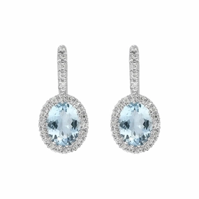 18ct White Gold Aquamarine Diamond Oval Cut Drop Earrings