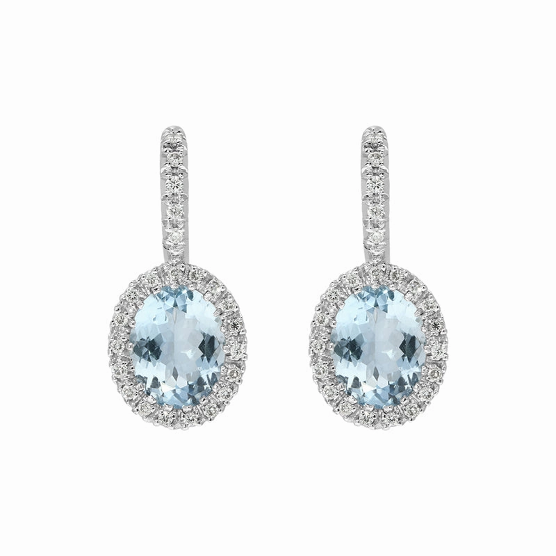 18ct White Gold Aquamarine Diamond Oval Cut Drop Earrings