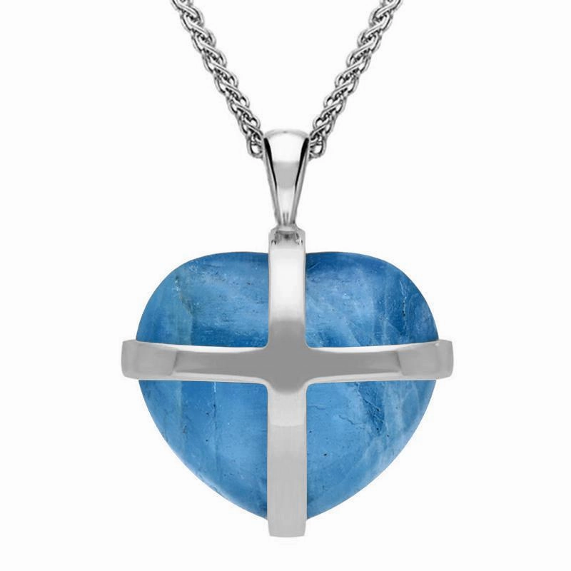 18ct White Gold Aquamarine Medium Cross Heart Necklace