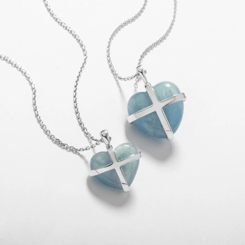 18ct White Gold Aquamarine Small Cross Heart Necklace