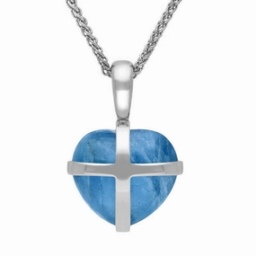 18ct White Gold Aquamarine Small Cross Heart Necklace
