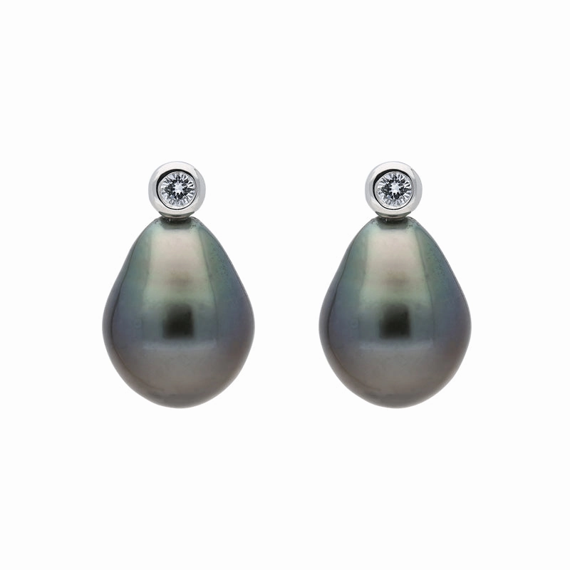 18ct White Gold Black Pearl Diamond Stud Earrings