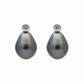 18ct White Gold Black Pearl Diamond Stud Earrings