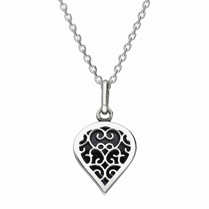 18ct White Gold Blue Goldstone Flore Filigree Small Heart Necklace