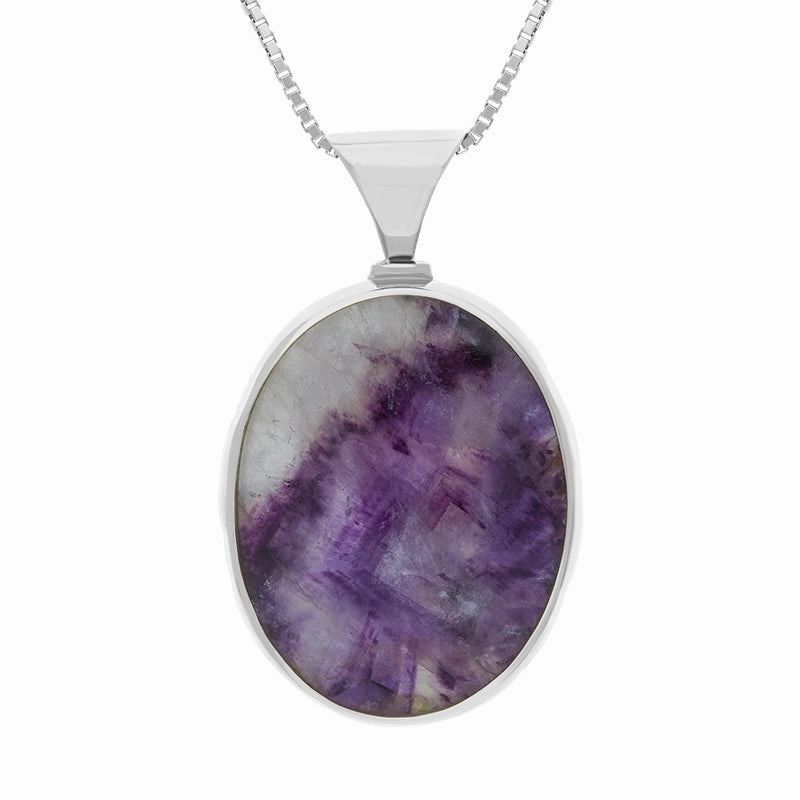 18ct White Gold Blue John Mother of Pearl King's Coronation Hallmark Double Sided Oval Necklace D