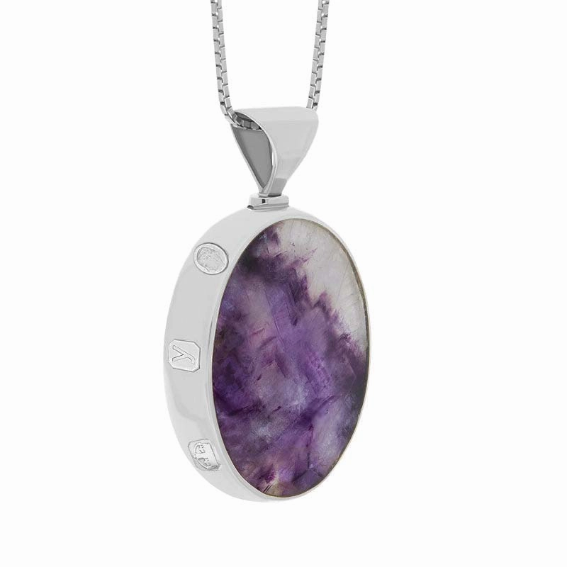 18ct White Gold Blue John Mother of Pearl King's Coronation Hallmark Double Sided Oval Necklace D