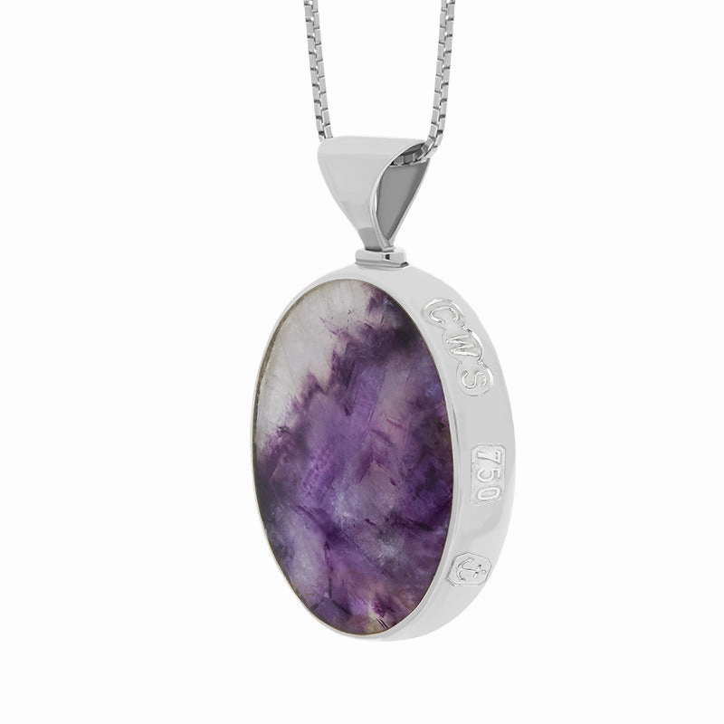 18ct White Gold Blue John Mother of Pearl King's Coronation Hallmark Double Sided Oval Necklace D