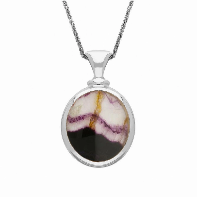 18ct White Gold Blue John Mother Of Pearl Small Double Sided Oval Fob Necklace