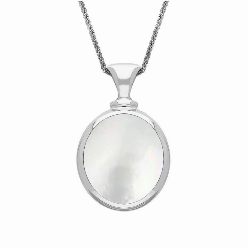 18ct White Gold Blue John Mother Of Pearl Small Double Sided Oval Fob Necklace