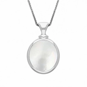 18ct White Gold Blue John Mother Of Pearl Small Double Sided Oval Fob Necklace