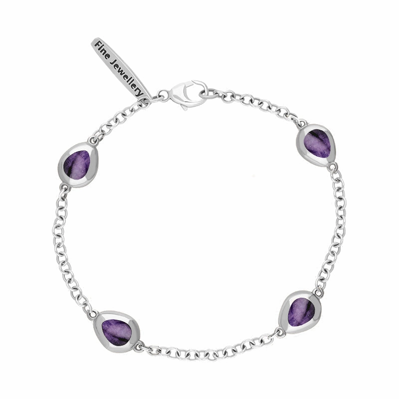 18ct White Gold Blue John Oval Fleur De Lis Detail Four Stone Bracelet