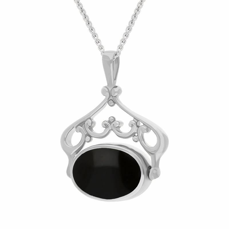 18ct White Gold Blue John Whitby Jet Double Sided Oval Swivel Fob Necklace