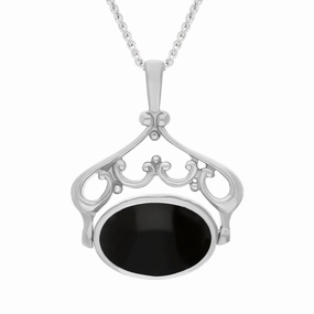 18ct White Gold Blue John Whitby Jet Double Sided Oval Swivel Fob Necklace