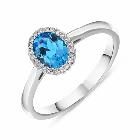 18ct White Gold Blue Topaz Diamond Oval Cut Cluster Ring