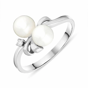 18ct White Gold Diamond Double Pearl Bow Ring