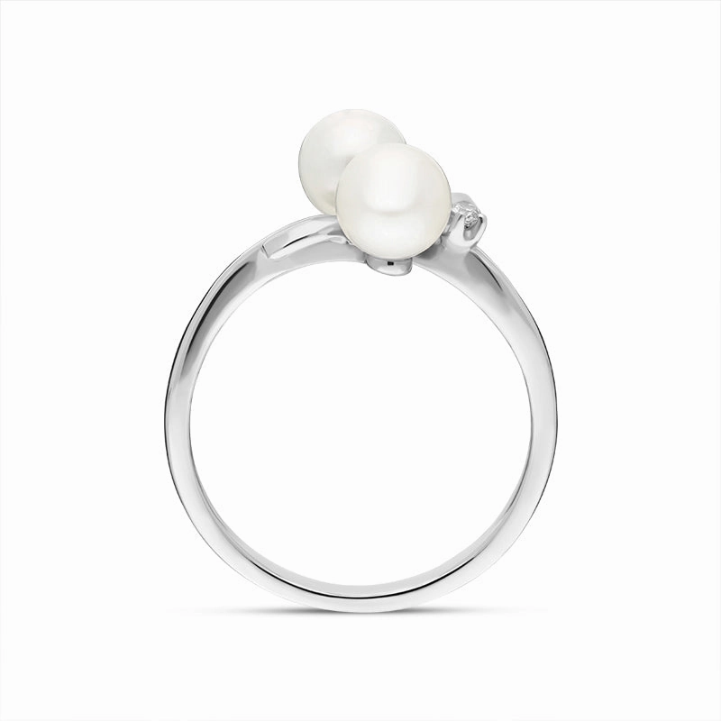 18ct White Gold Diamond Double Pearl Bow Ring