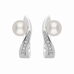 18ct White Gold Diamond Pearl Wave Stud Earrings