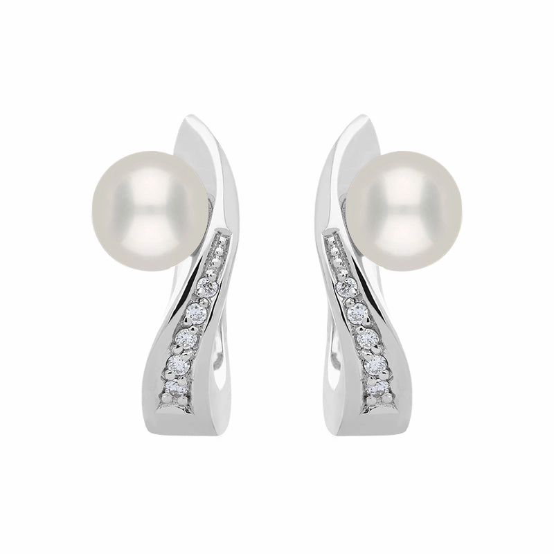 18ct White Gold Diamond Pearl Wave Stud Earrings