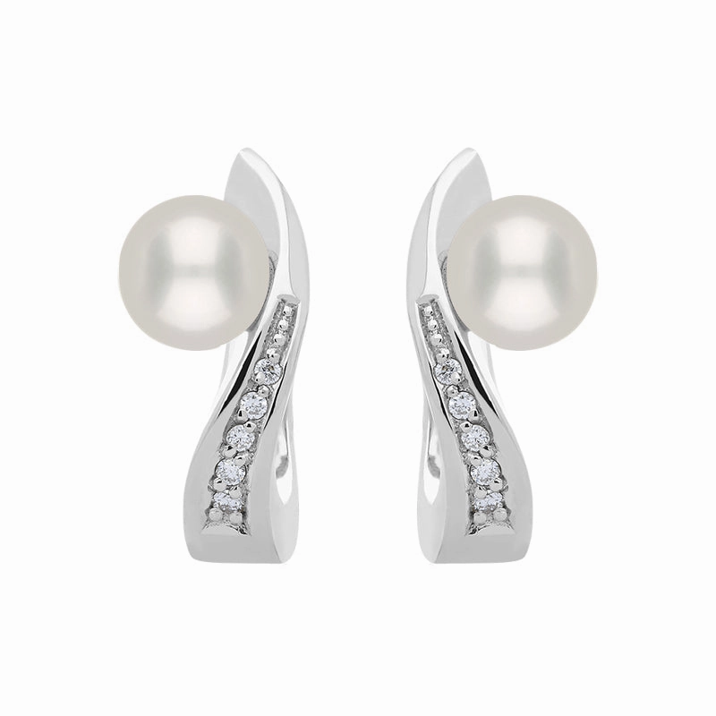 18ct White Gold Diamond Pearl Wave Stud Earrings