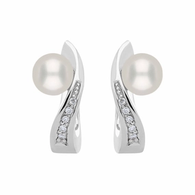 18ct White Gold Diamond Pearl Wave Stud Earrings