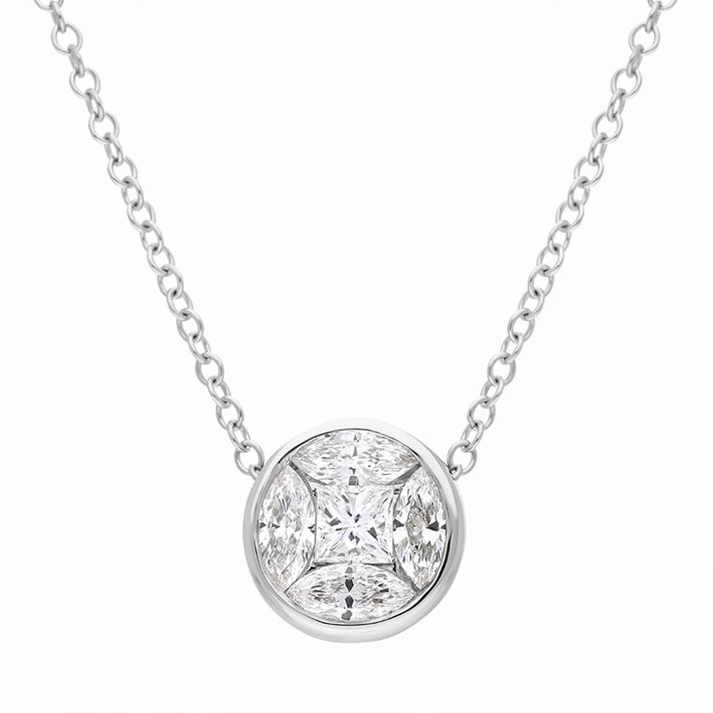 18ct White Gold Diamond Princess and Marquise Cut Round Cluster Necklace