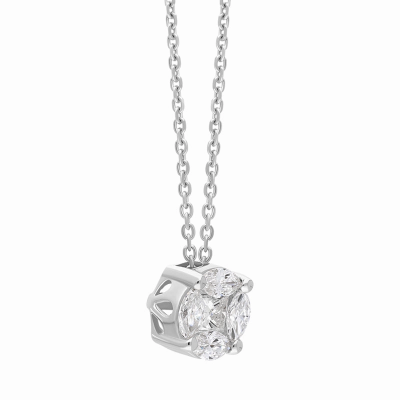 18ct White Gold Diamond Princess and Marquise Cut Round Cluster Necklace