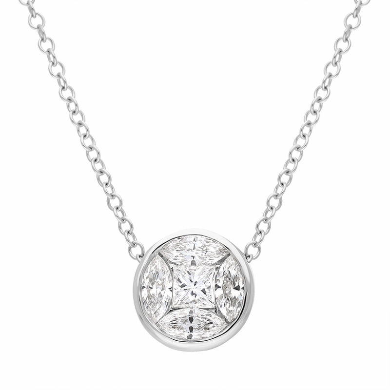 18ct White Gold Diamond Princess and Marquise Cut Round Cluster Necklace