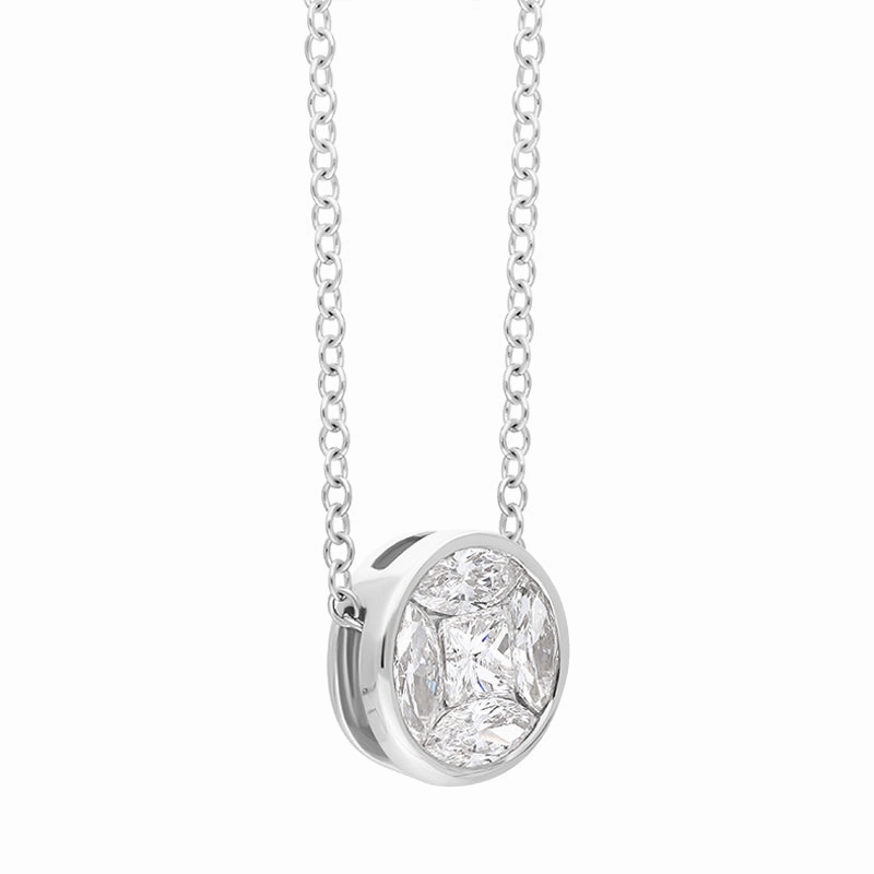 18ct White Gold Diamond Princess and Marquise Cut Round Cluster Necklace