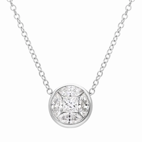 18ct White Gold Diamond Princess and Marquise Cut Round Cluster Necklace