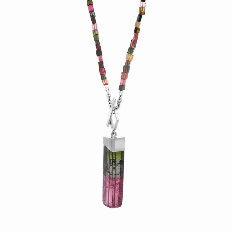 18ct White Gold Diamond Tourmaline T Bar Multicoloured Necklace D