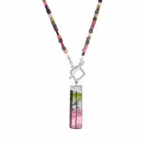 18ct White Gold Diamond Tourmaline T Bar Multicoloured Necklace D