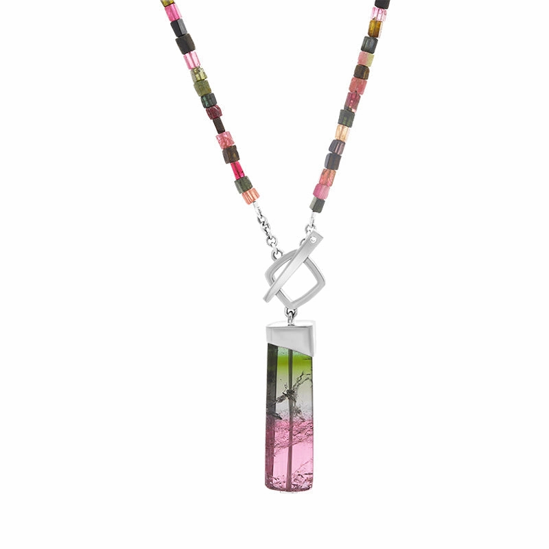 18ct White Gold Diamond Tourmaline T Bar Multicoloured Necklace D