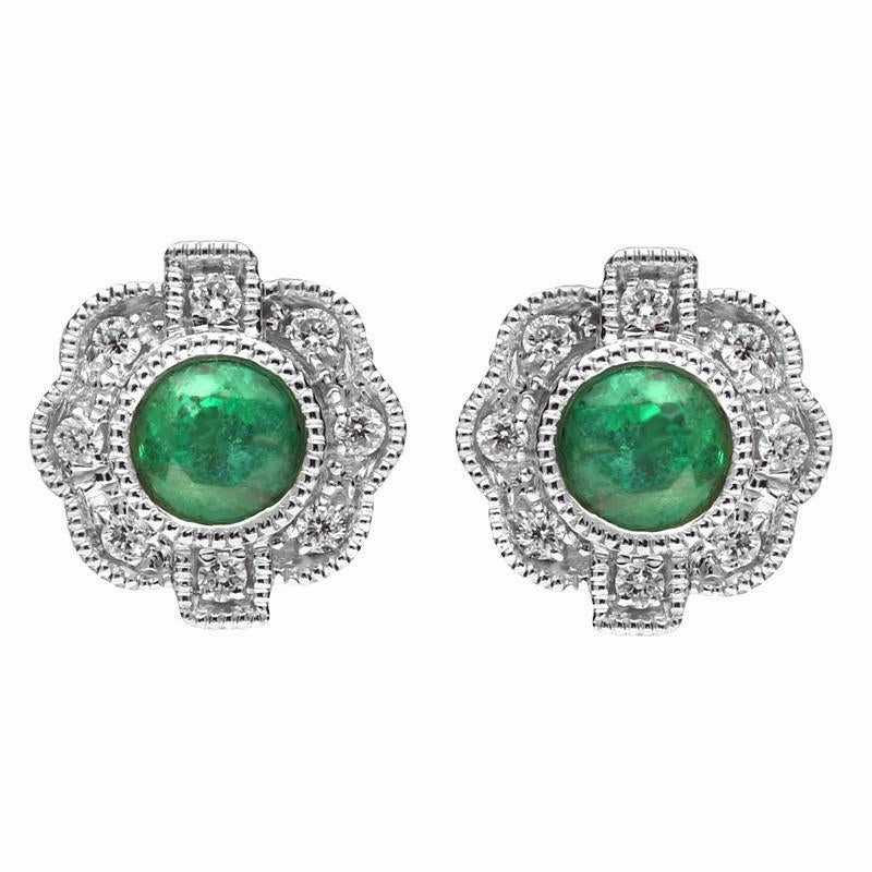 18ct White Gold Emerald and Diamond Flower Stud Earrings D