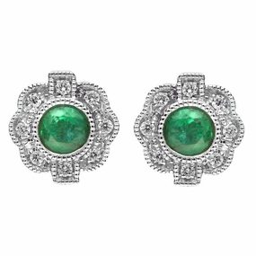 18ct White Gold Emerald and Diamond Flower Stud Earrings D