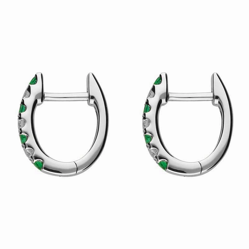 18ct White Gold Emerald and Diamond Huggie Hoop Earrings