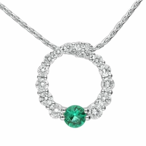 18ct White Gold Emerald and Diamond Open Circle Necklace