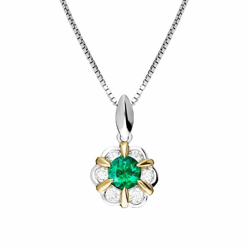 18ct White Gold Emerald Diamond Cluster Necklace
