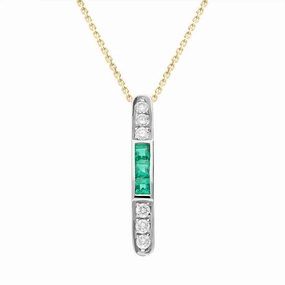 18ct White Gold Emerald Diamond Curved Bar Necklace