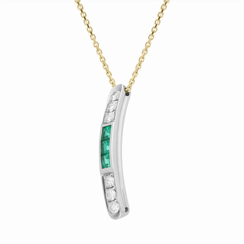 18ct White Gold Emerald Diamond Curved Bar Necklace