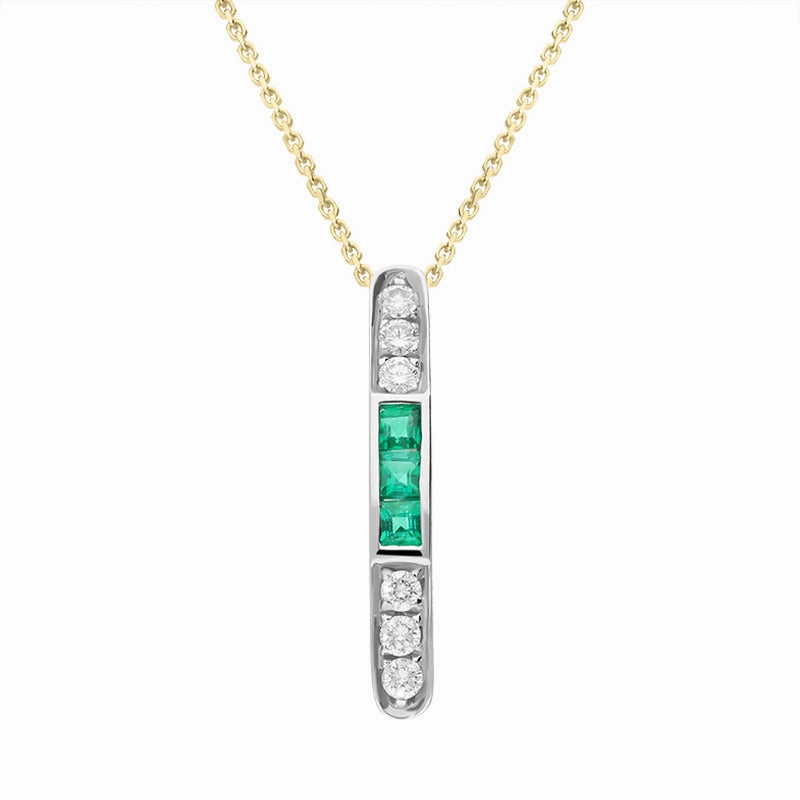18ct White Gold Emerald Diamond Curved Bar Necklace