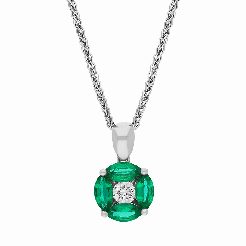 18ct White Gold Emerald Diamond Marquise Stone Round Cluster Pendant