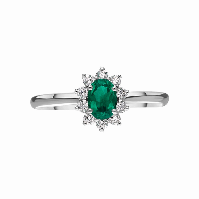 18ct White Gold Emerald Diamond Oval Cluster Ring