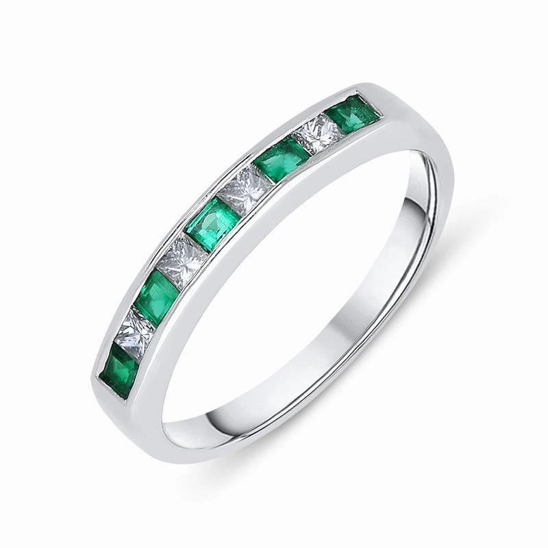 18ct White Gold Emerald Diamond Princess Cut Half Eternity Ring