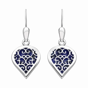 18ct White Gold Lapis Lazuli Flore Filigree Heart Drop Earrings
