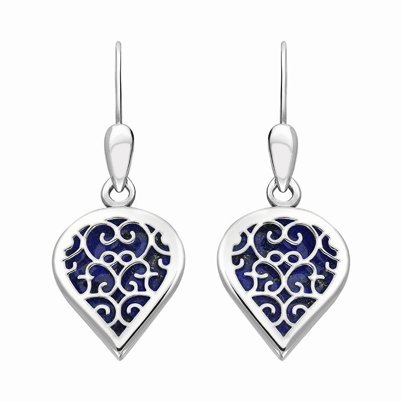 18ct White Gold Lapis Lazuli Flore Filigree Heart Drop Earrings