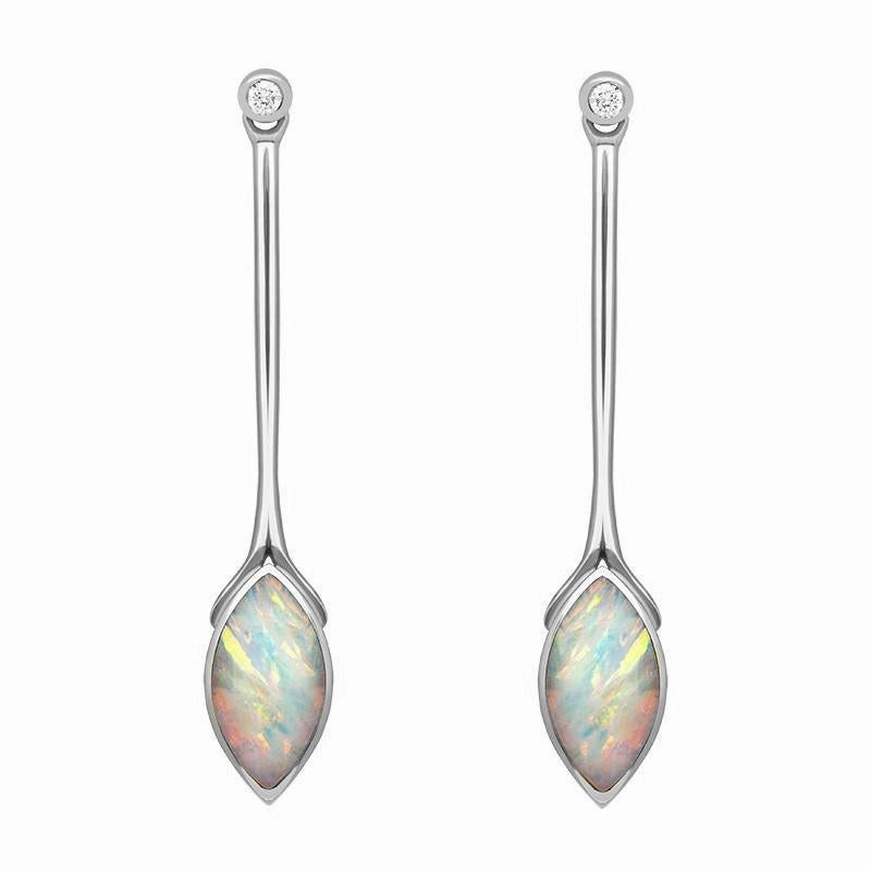 18ct White Gold Opal Diamond Long Marquise Drop Earrings D