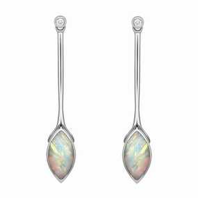 18ct White Gold Opal Diamond Long Marquise Drop Earrings D