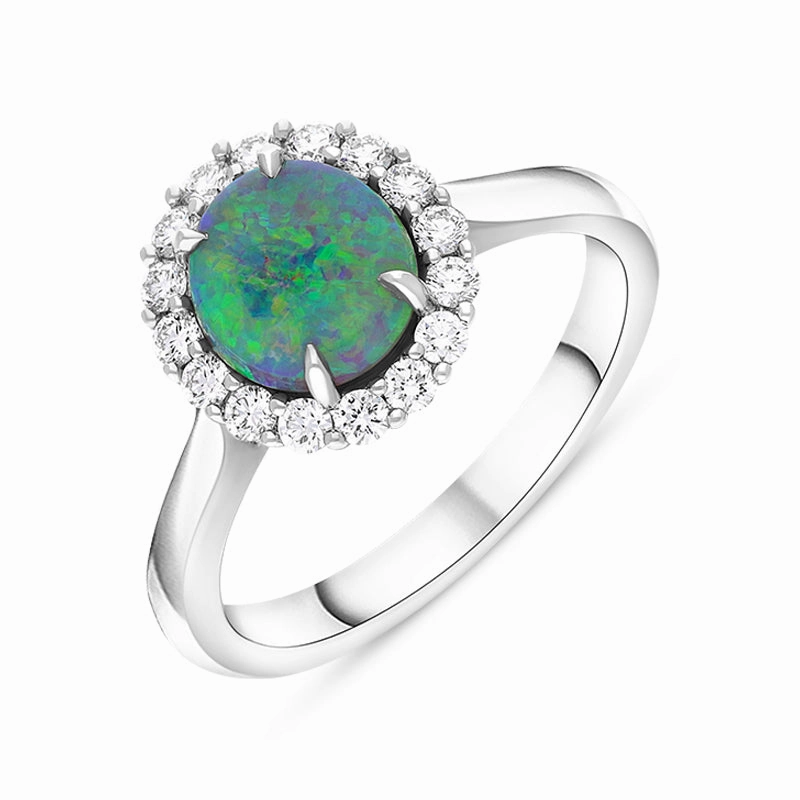 18ct White Gold Opal Diamond Oval Cluster Ring