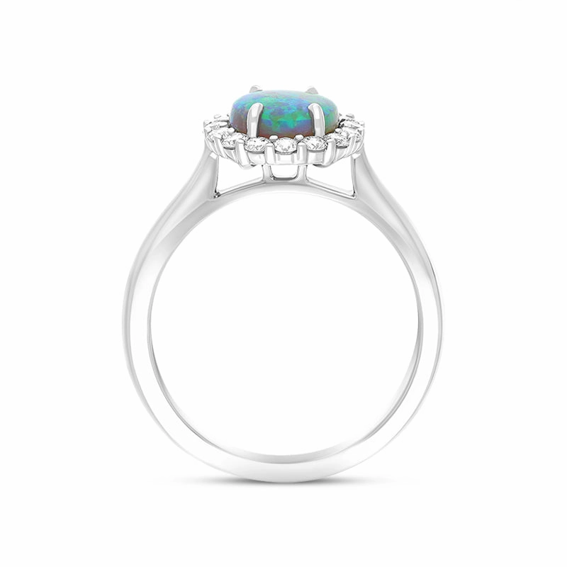 18ct White Gold Opal Diamond Oval Cluster Ring